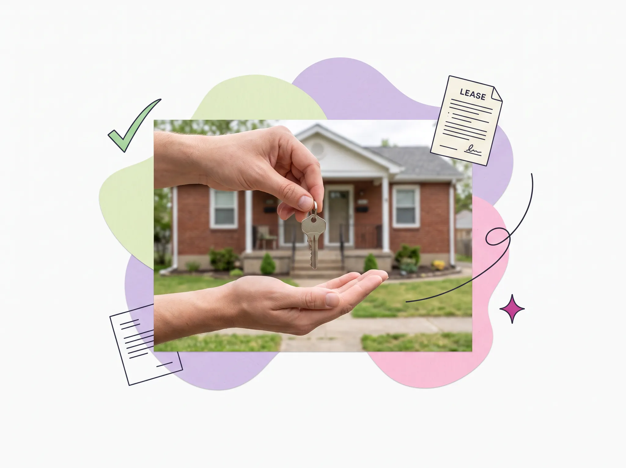 A rental key handoff in front of a brick duplex