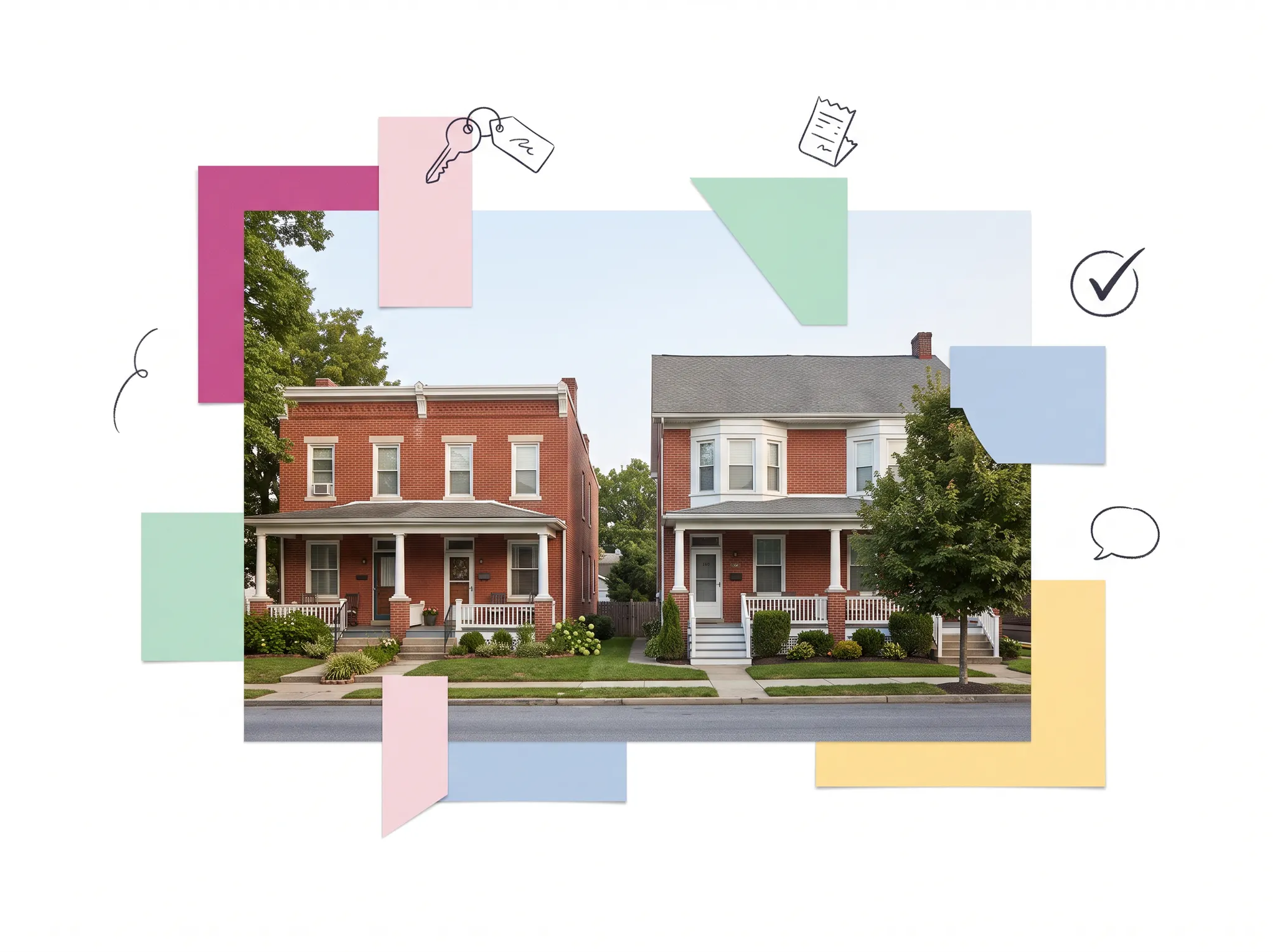 A collage of rental homes with keys, receipts, and approval doodles